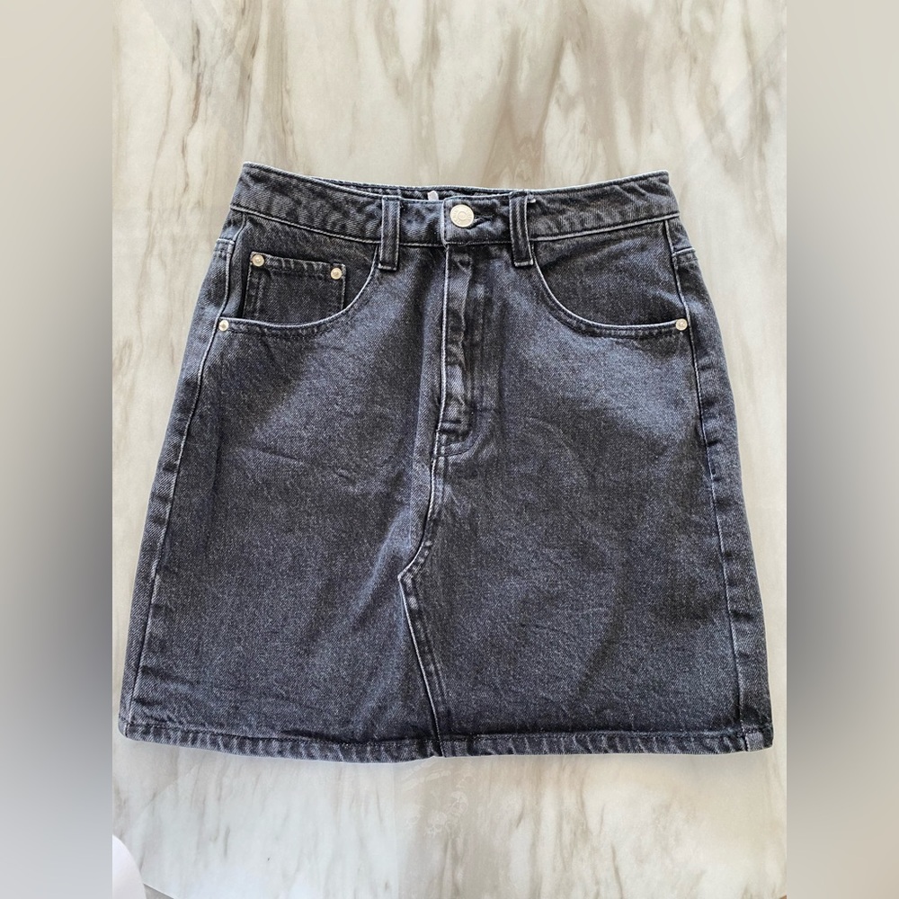 Black denim jeans mini skirt organic cotton back pockets size XS